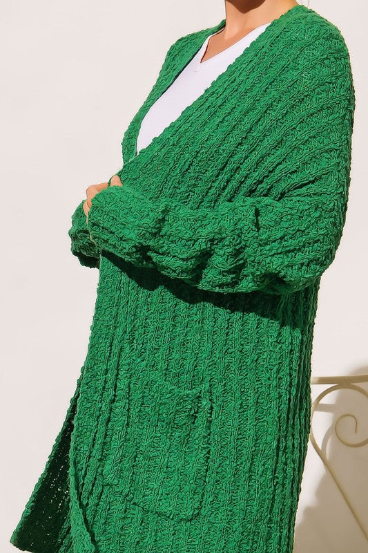 Green PLUS RIBBED POPCORN KNIT FULL BODY HOODIE CARDIGAN