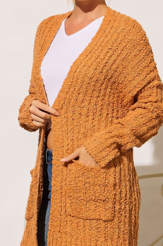 Apricot PLUS RIBBED POPCORN KNIT FULL BODY HOODIE CARDIGAN