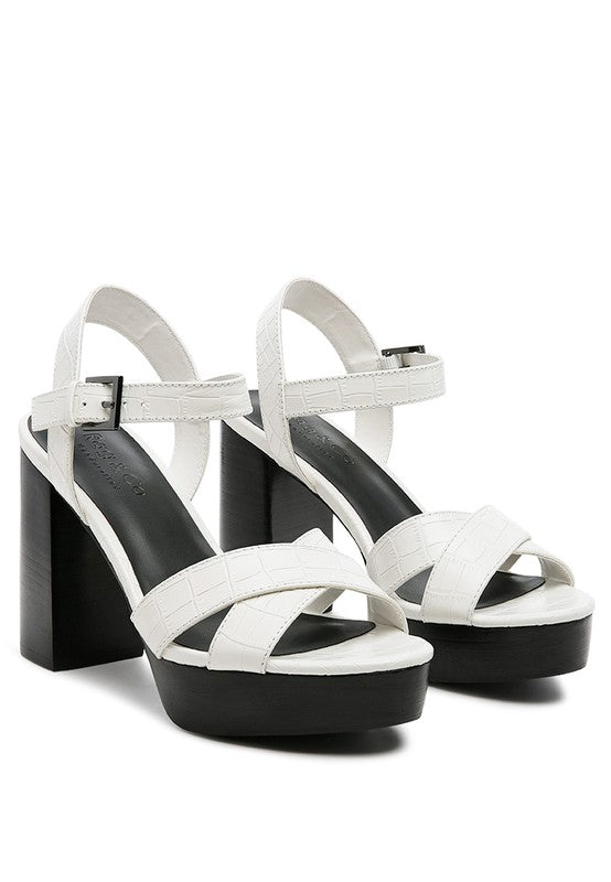 White HIGH HEELED BLOCK SANDAL IN TAN