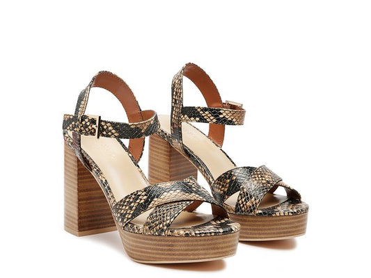 Tan HIGH HEELED BLOCK SANDAL IN TAN