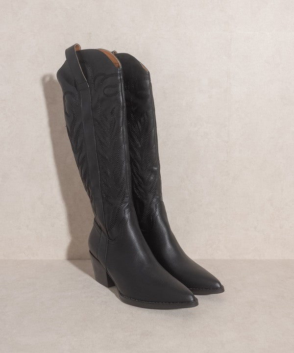 Black Pointed Toe Embroidered Tall Boot