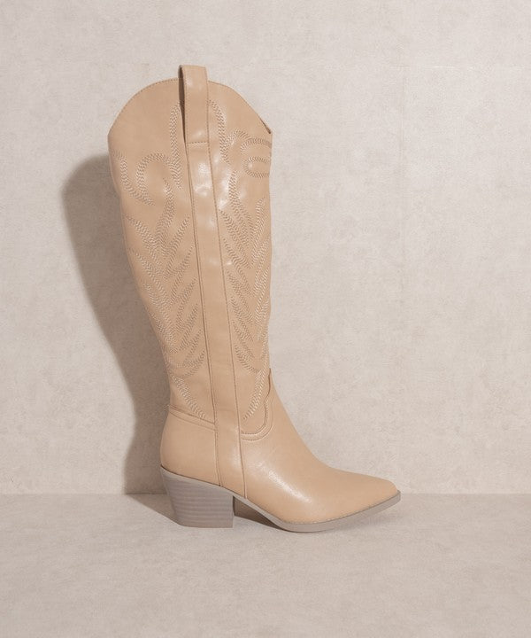 Nude Pointed Toe Embroidered Tall Boot