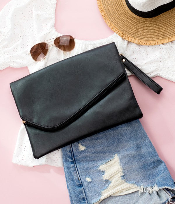Black Sand Foldover Envelope Clutch