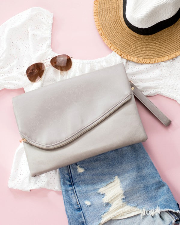 Gray Sand Foldover Envelope Clutch