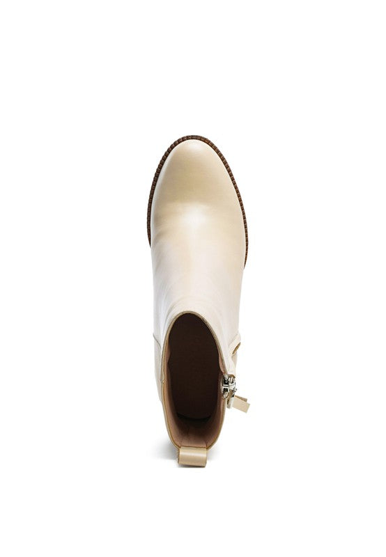 Beige HIGH BLOCK HEELED CHUNKY LEATHER BOOT