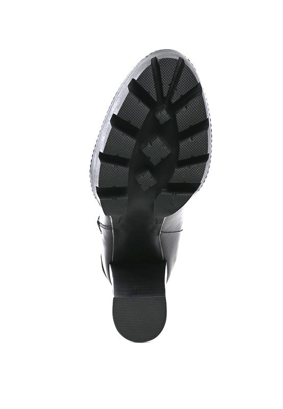 Black HIGH BLOCK HEELED CHUNKY LEATHER BOOT