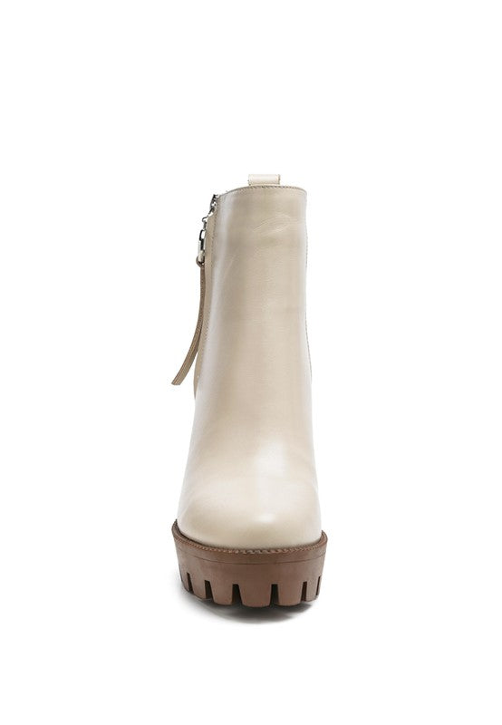 Beige HIGH BLOCK HEELED CHUNKY LEATHER BOOT