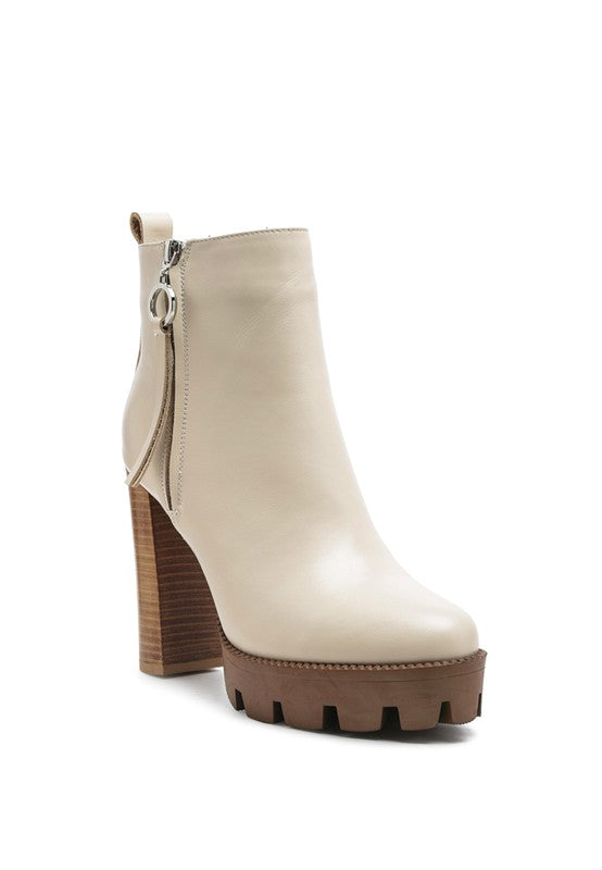 Beige HIGH BLOCK HEELED CHUNKY LEATHER BOOT