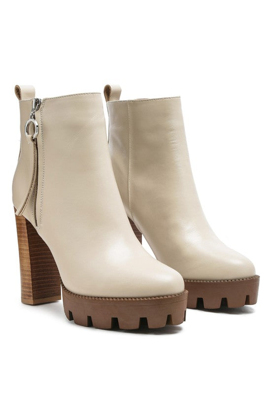 Beige HIGH BLOCK HEELED CHUNKY LEATHER BOOT