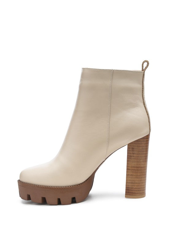 Beige HIGH BLOCK HEELED CHUNKY LEATHER BOOT
