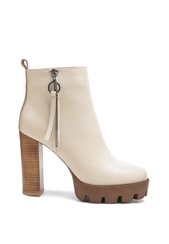 Beige HIGH BLOCK HEELED CHUNKY LEATHER BOOT