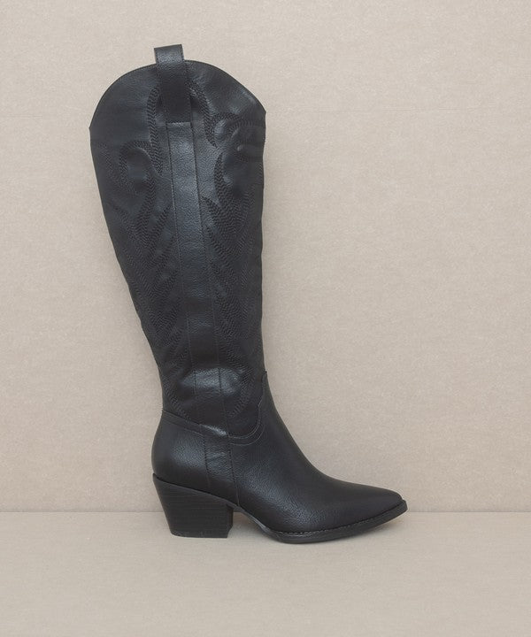 Black Pointed Toe Embroidered Tall Boot