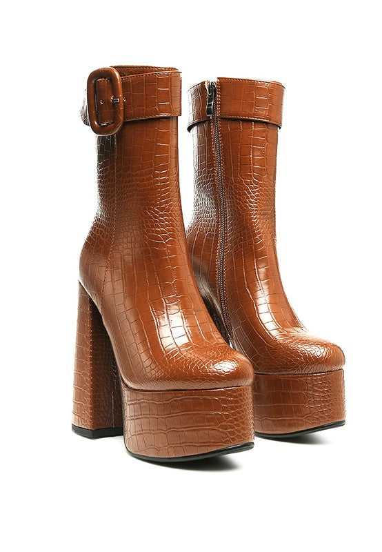Tan Bumpy Croc High Block Heeled Chunky Ankle Boots