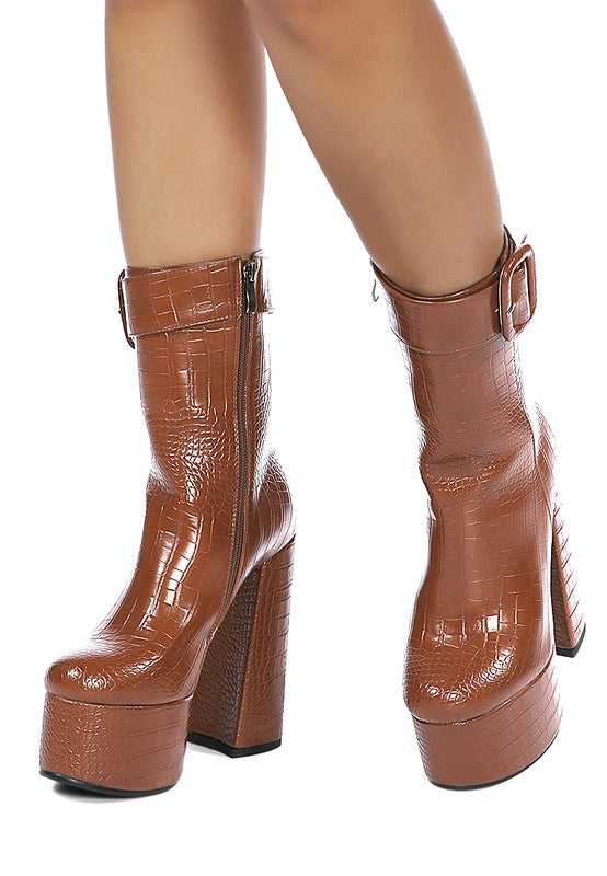 Tan Bumpy Croc High Block Heeled Chunky Ankle Boots
