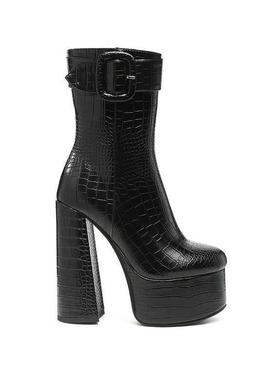 Black Bumpy Croc High Block Heeled Chunky Ankle Boots