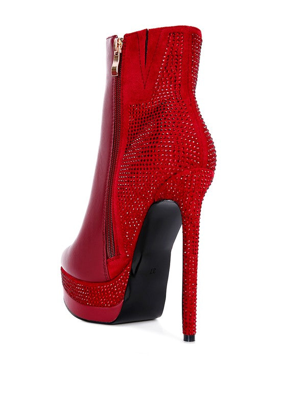 Red Diamante Set High Heeled Ankle Boot