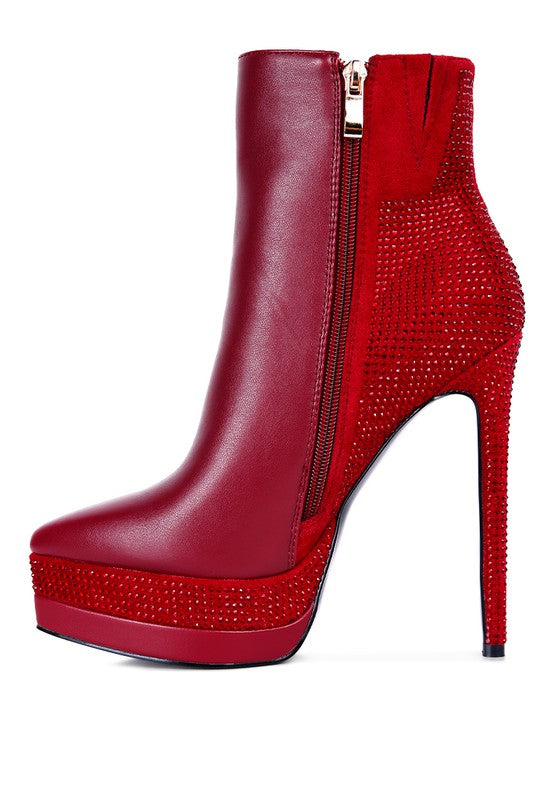 Red Diamante Set High Heeled Ankle Boot
