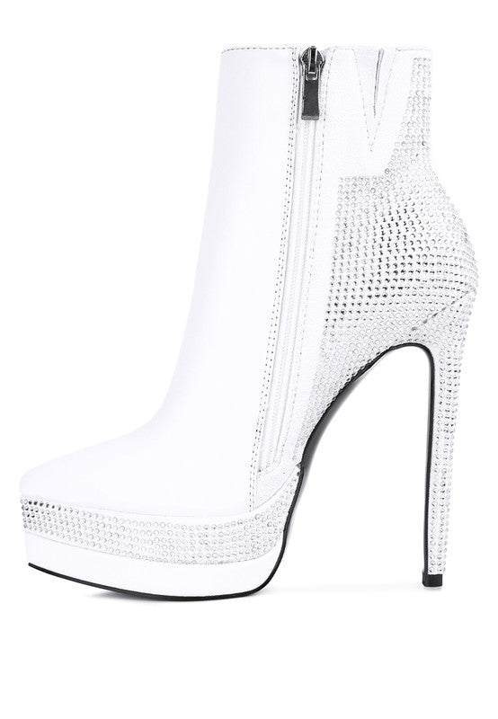 White Diamante Set High Heeled Ankle Boot