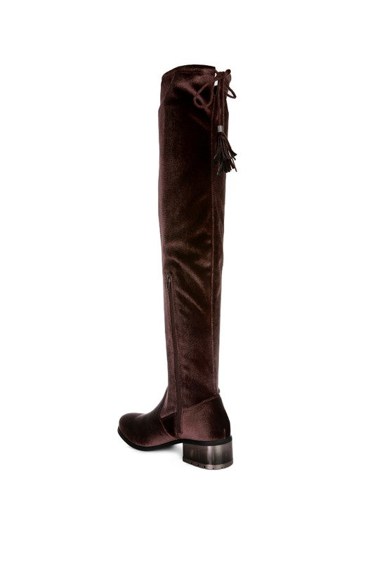 Dark Brown Velvet Over The Knee Clear Heel Boots