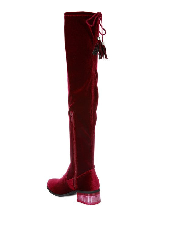 Burgundy Velvet Over The Knee Clear Heel Boots