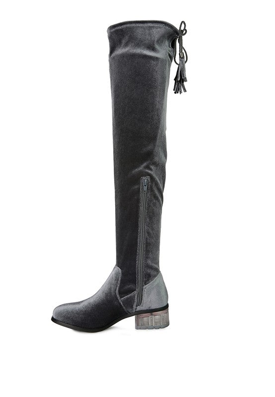 Grey Velvet Over The Knee Clear Heel Boots