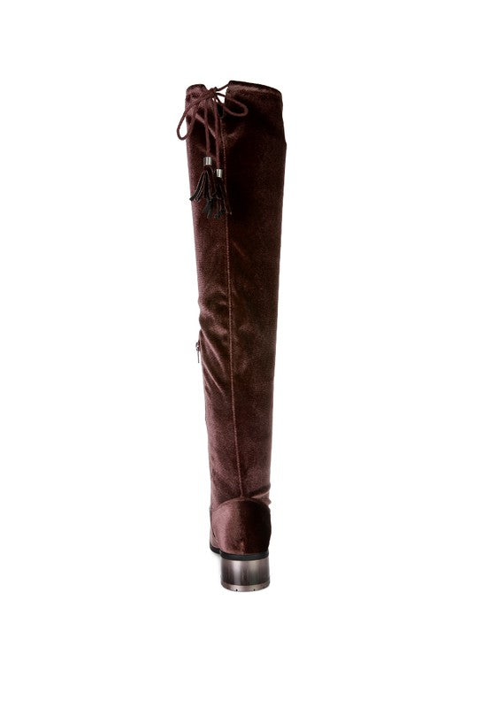 Dark Brown Velvet Over The Knee Clear Heel Boots