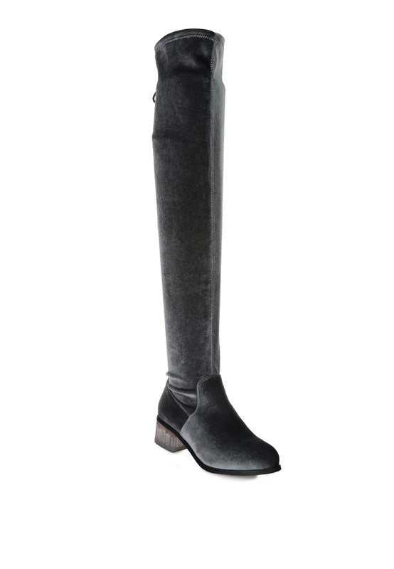 Grey Velvet Over The Knee Clear Heel Boots