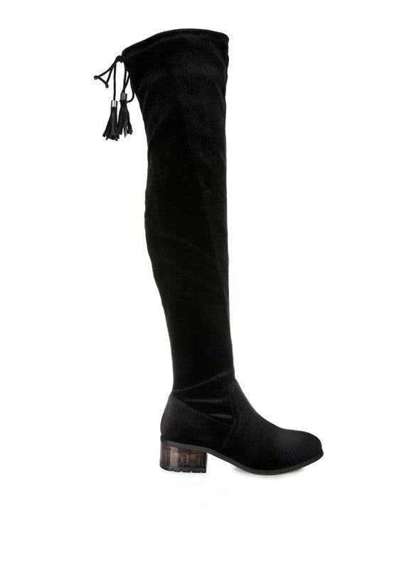 Black Velvet Over The Knee Clear Heel Boots