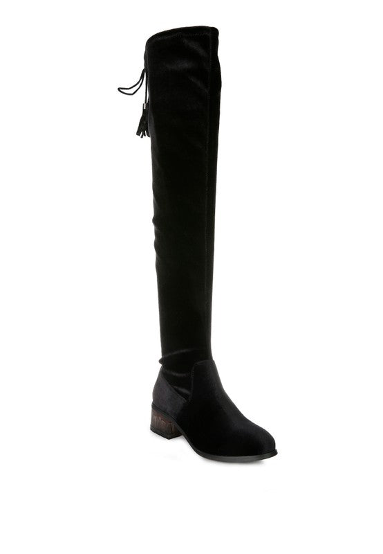 Black Velvet Over The Knee Clear Heel Boots