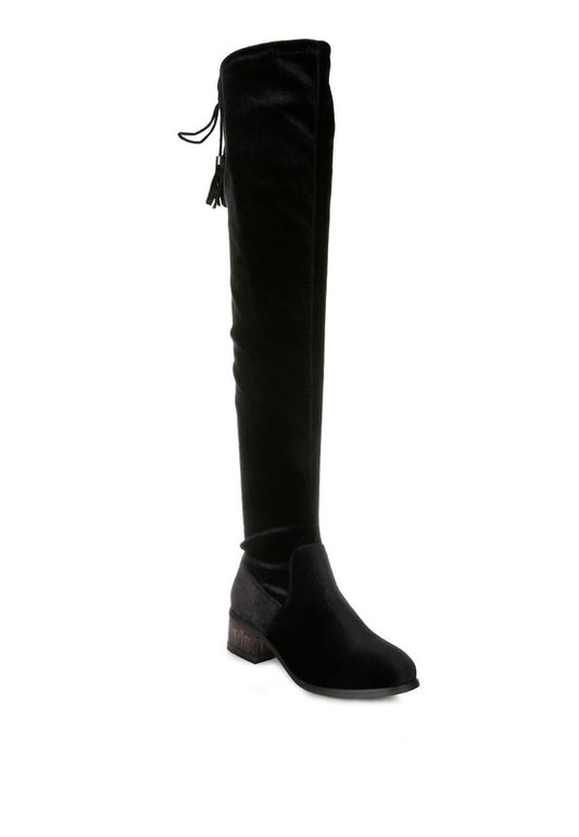 Black Velvet Over The Knee Clear Heel Boots