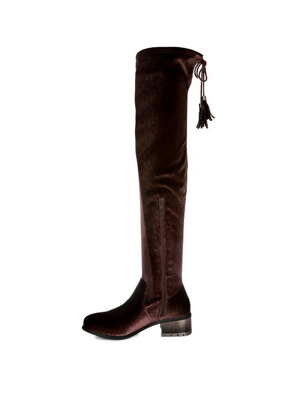 Dark Brown Velvet Over The Knee Clear Heel Boots