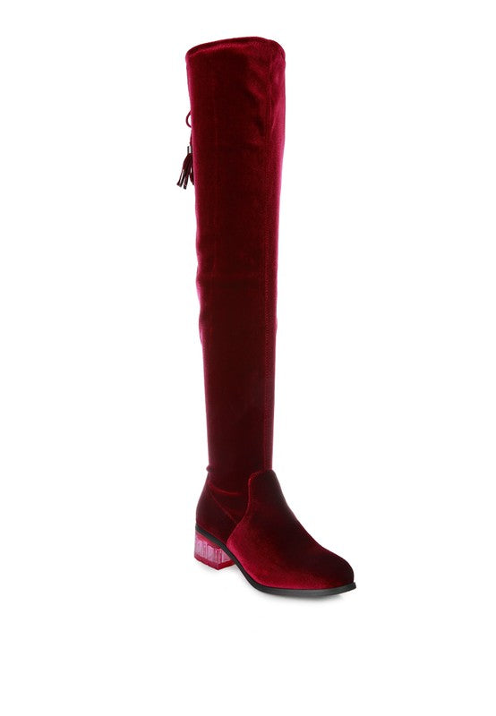 Burgundy Velvet Over The Knee Clear Heel Boots