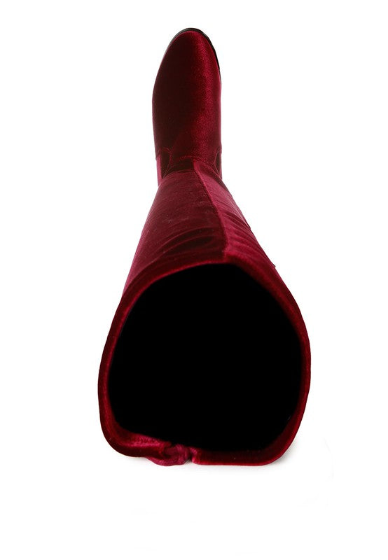 Burgundy Velvet Over The Knee Clear Heel Boots