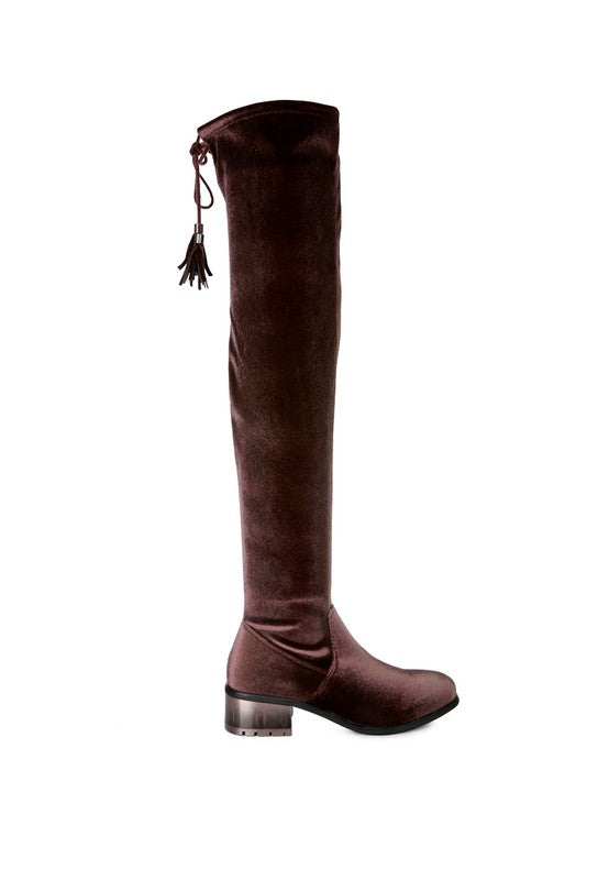 Dark Brown Velvet Over The Knee Clear Heel Boots