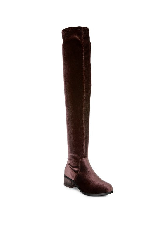 Dark Brown Velvet Over The Knee Clear Heel Boots