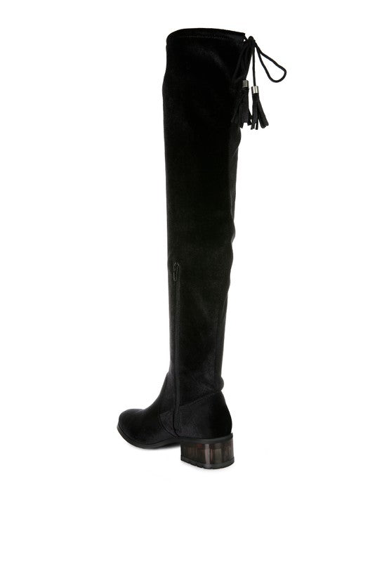 Black Velvet Over The Knee Clear Heel Boots