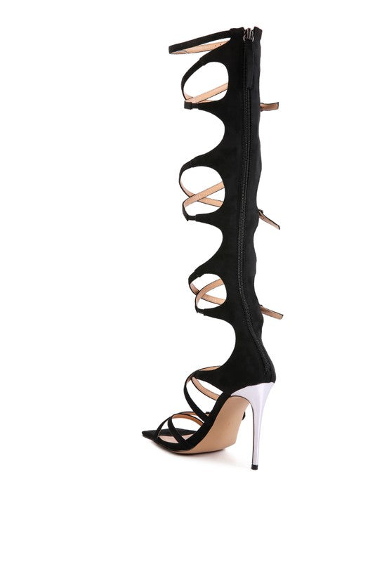 Black Strappy Stiletto Square Toe Heels