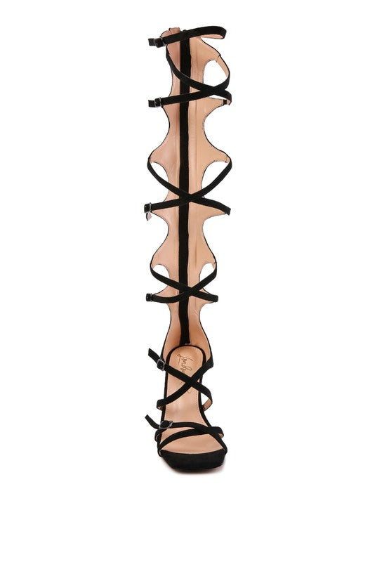 Black Strappy Stiletto Square Toe Heels