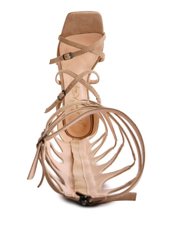Taupe Strappy Stiletto Square Toe Heels