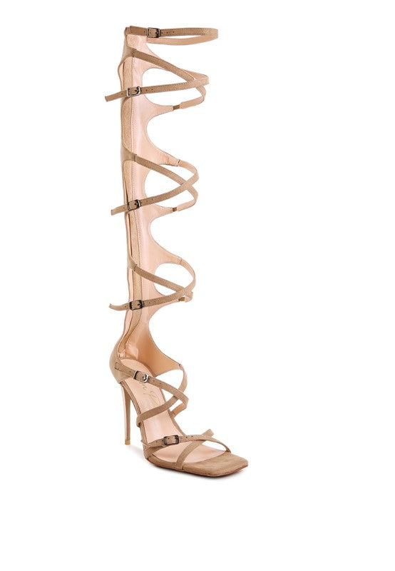 Taupe Strappy Stiletto Square Toe Heels
