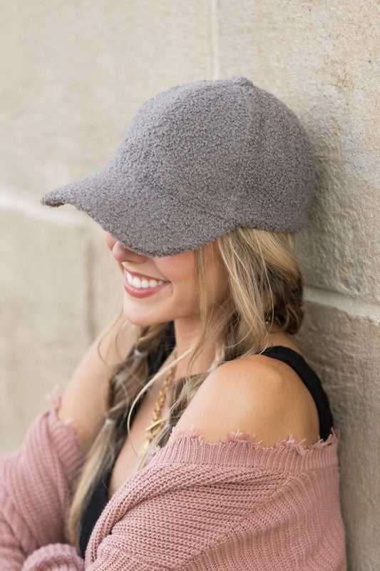 Gray Boucle Sherpa Teddy Bear Knit Ball Cap