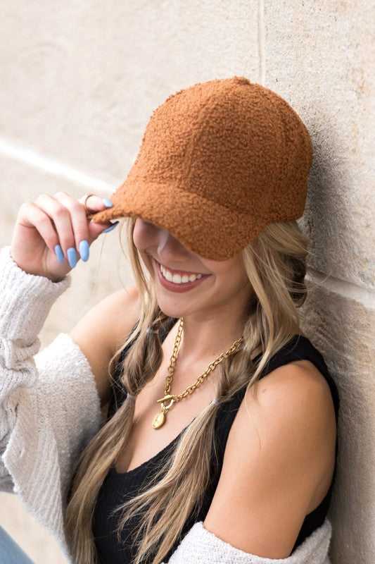 Dark Carmel Boucle Sherpa Teddy Bear Knit Ball Cap