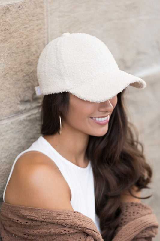 Beige Boucle Sherpa Teddy Bear Knit Ball Cap