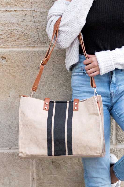 Black Canvas Stripe Tote