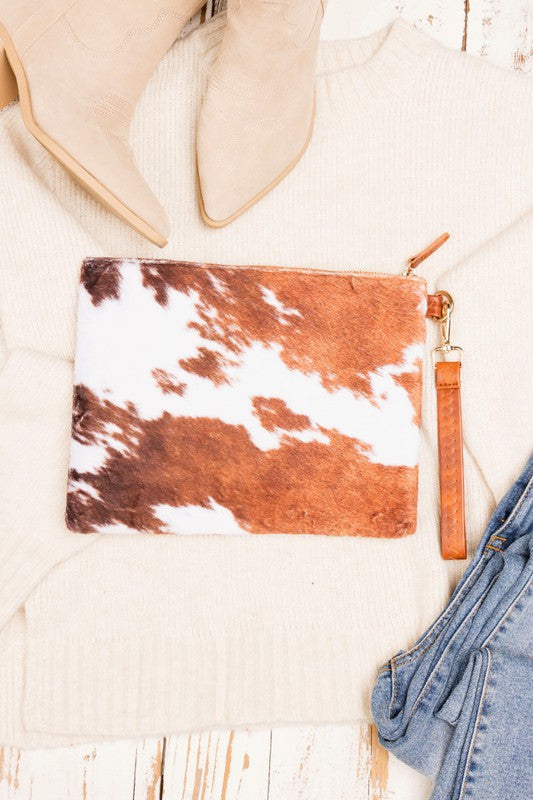 Brown Faux Fur Cow Animal Print Clutch