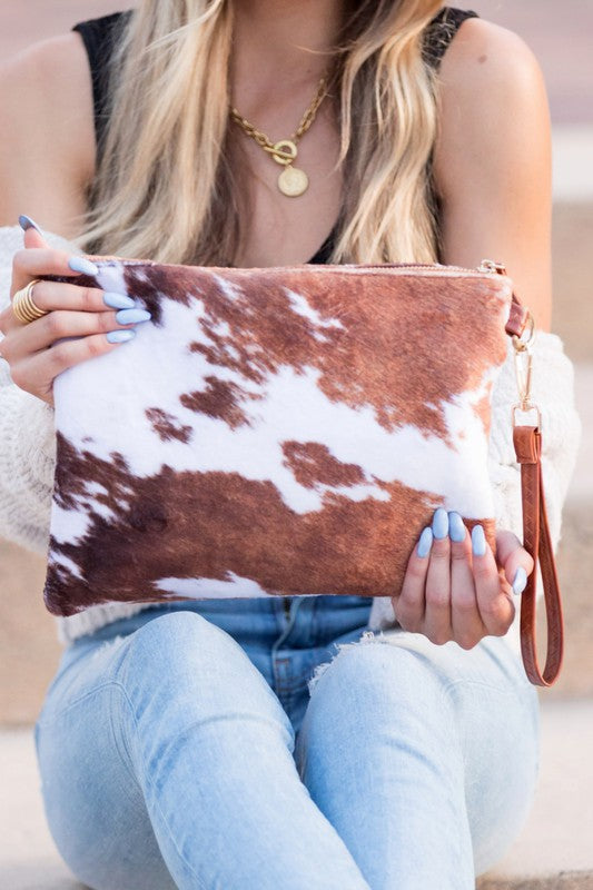 Brown Faux Fur Cow Animal Print Clutch