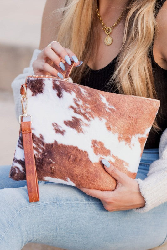 Brown Faux Fur Cow Animal Print Clutch