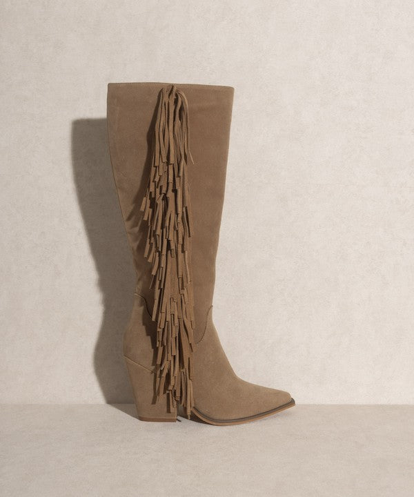 Khaki Knee-High Fringe Boots