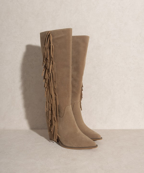 Khaki Knee-High Fringe Boots