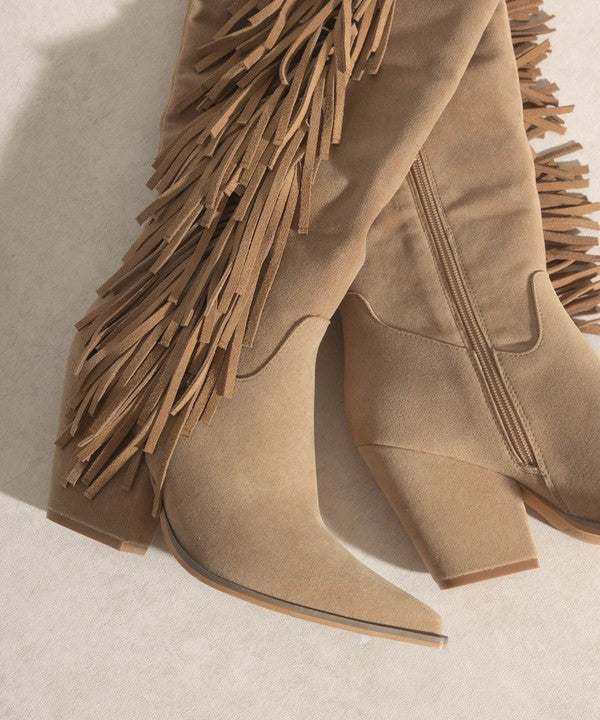 khaki Knee-High Fringe Boots